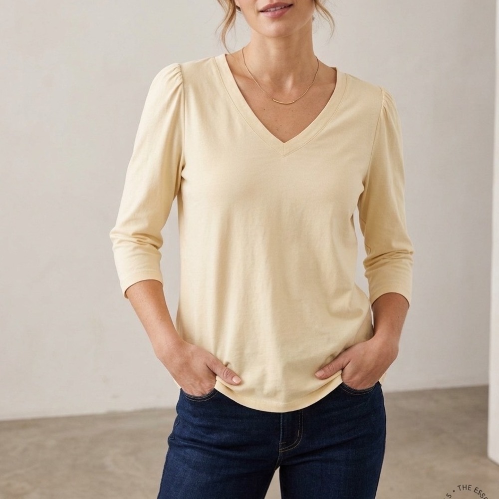 J. Jill Cream 100% Cotton V-Neck Puff Shoulder 3/4 Sleeve Top Large
